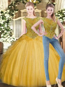 High End Gold Zipper 15 Quinceanera Dress Beading and Ruffles Sleeveless Floor Length