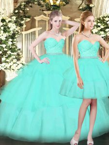  Aqua Blue Ball Gown Prom Dress Military Ball and Sweet 16 and Quinceanera with Ruching Sweetheart Sleeveless Lace Up