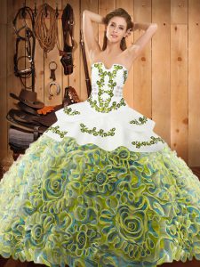 Trendy Multi-color Satin and Fabric With Rolling Flowers Lace Up Quinceanera Dresses Sleeveless With Train Sweep Train Embroidery