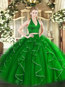 Nice Floor Length Green 15 Quinceanera Dress Organza Sleeveless Ruffles
