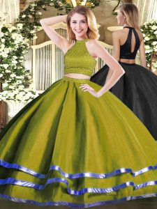  Olive Green Two Pieces Tulle Halter Top Sleeveless Beading Floor Length Backless Ball Gown Prom Dress
