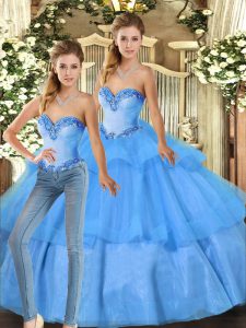  Floor Length Baby Blue Ball Gown Prom Dress Organza Sleeveless Beading and Ruffled Layers