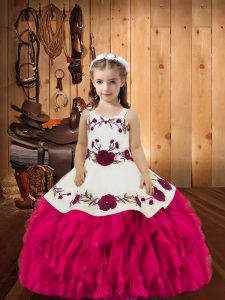 Top Selling Floor Length Fuchsia Girls Pageant Dresses Organza Sleeveless Embroidery and Ruffles