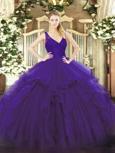 Great Beading and Lace and Ruffles 15 Quinceanera Dress Purple Backless Sleeveless Floor Length