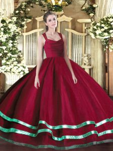 Modern Red Organza Zipper Straps Sleeveless Floor Length Ball Gown Prom Dress Ruffled Layers