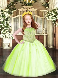 Low Price Yellow Green Sleeveless Floor Length Beading and Appliques Zipper Kids Formal Wear