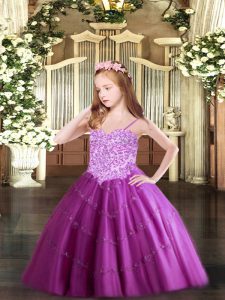  Fuchsia Sleeveless Appliques Floor Length Pageant Gowns For Girls