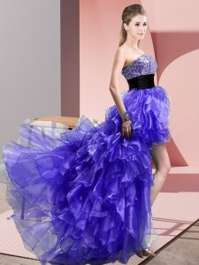  Purple Lace Up Prom Evening Gown Beading and Ruffles Sleeveless High Low
