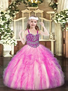  Rose Pink Ball Gowns Organza Straps Sleeveless Beading and Ruffles Floor Length Lace Up Casual Dresses