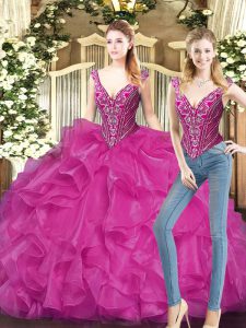  V-neck Sleeveless Lace Up 15th Birthday Dress Fuchsia Organza