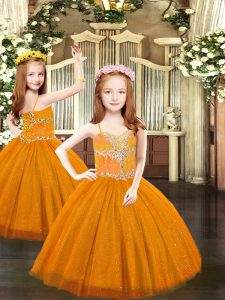 Unique Tulle Spaghetti Straps Sleeveless Lace Up Beading Little Girl Pageant Dress in Rust Red