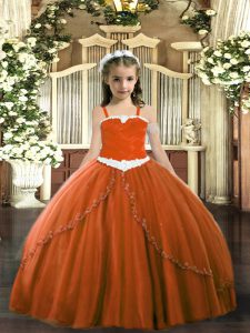  Sleeveless Appliques Lace Up Little Girl Pageant Dress with Rust Red Sweep Train