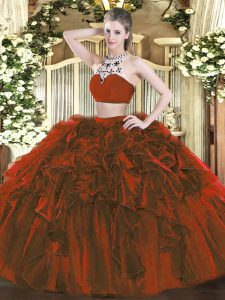  High-neck Sleeveless Backless Sweet 16 Quinceanera Dress Rust Red Tulle
