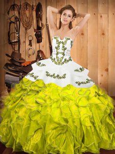  Yellow Green Ball Gowns Satin and Organza Strapless Sleeveless Embroidery and Ruffles Floor Length Lace Up 15th Birthday Dress