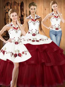  With Train Wine Red Sweet 16 Dresses Halter Top Sleeveless Sweep Train Lace Up