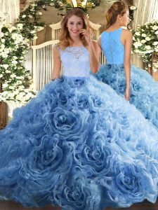 Romantic Ball Gowns Vestidos de Quinceanera Baby Blue Scoop Fabric With Rolling Flowers Sleeveless Floor Length Zipper