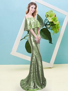 Super Floor Length Yellow Green Prom Evening Gown Sequined Half Sleeves Sequins