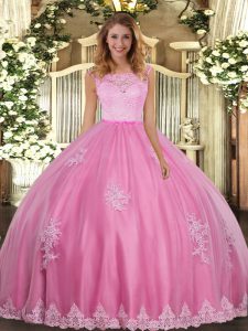 Eye-catching Scoop Sleeveless Vestidos de Quinceanera Floor Length Lace and Appliques Rose Pink Tulle