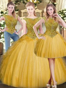 Gold Zipper 15th Birthday Dress Beading and Ruffles Sleeveless Floor Length