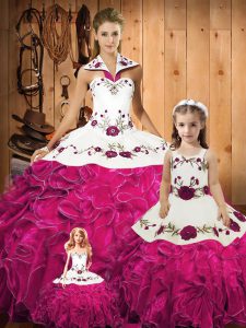 Dramatic Floor Length Fuchsia Sweet 16 Dresses Tulle Sleeveless Embroidery and Ruffles