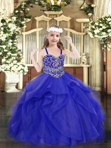  Blue Sleeveless Floor Length Beading and Ruffles Lace Up Kids Pageant Dress