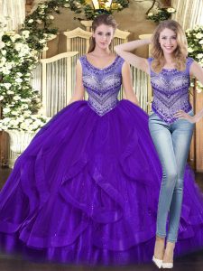  Purple Lace Up Scoop Beading and Ruffles Sweet 16 Dresses Tulle Sleeveless