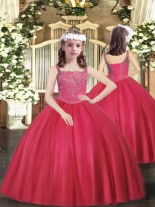 Gorgeous Ball Gowns Party Dress Wholesale Coral Red Straps Tulle Sleeveless Floor Length Lace Up