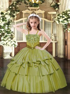  Floor Length Ball Gowns Sleeveless Olive Green Little Girl Pageant Gowns Lace Up