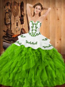  Strapless Sleeveless Satin and Organza Ball Gown Prom Dress Embroidery and Ruffles Lace Up