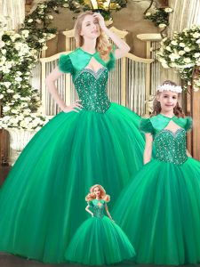  Floor Length Lace Up Quince Ball Gowns Turquoise for Military Ball and Sweet 16 and Quinceanera with Beading