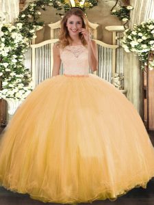 Hot Selling Gold Ball Gowns Tulle Scoop Sleeveless Lace Floor Length Clasp Handle Quince Ball Gowns