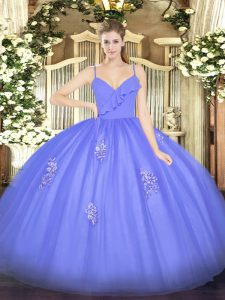 Decent Blue Ball Gowns Spaghetti Straps Sleeveless Tulle Floor Length Zipper Appliques Ball Gown Prom Dress