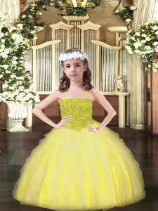  Yellow Sleeveless Beading and Ruffles Floor Length Kids Pageant Dress
