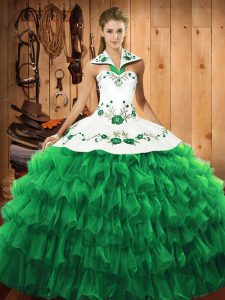 Pretty Halter Top Long Sleeves Lace Up Vestidos de Quinceanera Green Satin and Organza