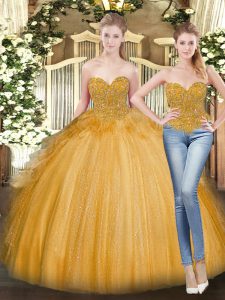 Elegant Floor Length Lace Up 15 Quinceanera Dress Gold for Military Ball and Sweet 16 and Quinceanera with Beading and Ruffles