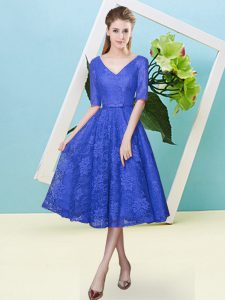 Captivating Royal Blue Quinceanera Dama Dress Prom and Party and Wedding Party with Bowknot V-neck Half Sleeves Lace Up