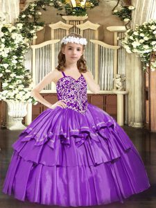  Lilac Ball Gowns Straps Sleeveless Organza Floor Length Lace Up Beading and Ruffled Layers Little Girl Pageant Dress