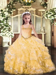 Custom Design Gold Lace Up Straps Appliques and Ruffled Layers Kids Formal Wear Organza Sleeveless