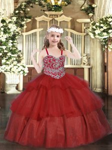  Sleeveless Floor Length Beading and Ruffled Layers Lace Up Kids Pageant Dress with Wine Red
