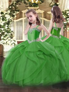  Green Straps Neckline Beading and Ruffles Girls Pageant Dresses Sleeveless Lace Up