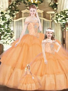 Suitable Floor Length Lace Up 15th Birthday Dress Orange Red for Military Ball and Sweet 16 and Quinceanera with Beading