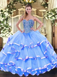 Noble Sleeveless Organza Floor Length Lace Up Vestidos de Quinceanera in Baby Blue with Beading and Ruffled Layers