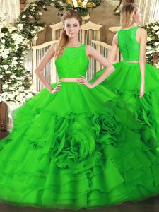  Sleeveless Floor Length Ruffles Zipper Sweet 16 Dress with Green