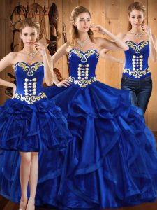Captivating Floor Length Royal Blue 15th Birthday Dress Organza Sleeveless Embroidery and Ruffles