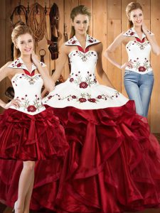 Glittering Wine Red Halter Top Lace Up Embroidery and Ruffles Quinceanera Dresses Sleeveless