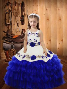 Graceful Royal Blue Little Girls Pageant Dress Sweet 16 and Quinceanera with Embroidery and Ruffled Layers Straps Sleeveless Lace Up