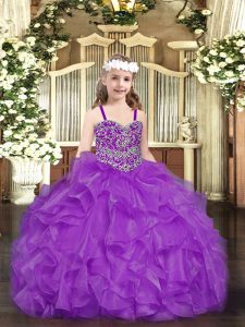 Stylish Purple Ball Gowns Straps Sleeveless Organza Floor Length Lace Up Beading and Ruffles Little Girls Pageant Dress Wholesale