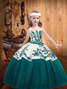 Trendy Teal Tulle Lace Up Straps Sleeveless Floor Length Child Pageant Dress Embroidery