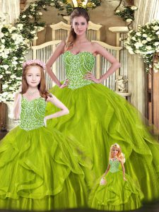 Superior Olive Green Organza Lace Up Sweetheart Sleeveless Floor Length 15 Quinceanera Dress Beading and Ruffles