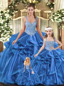 Fantastic Floor Length Blue 15th Birthday Dress Straps Sleeveless Lace Up